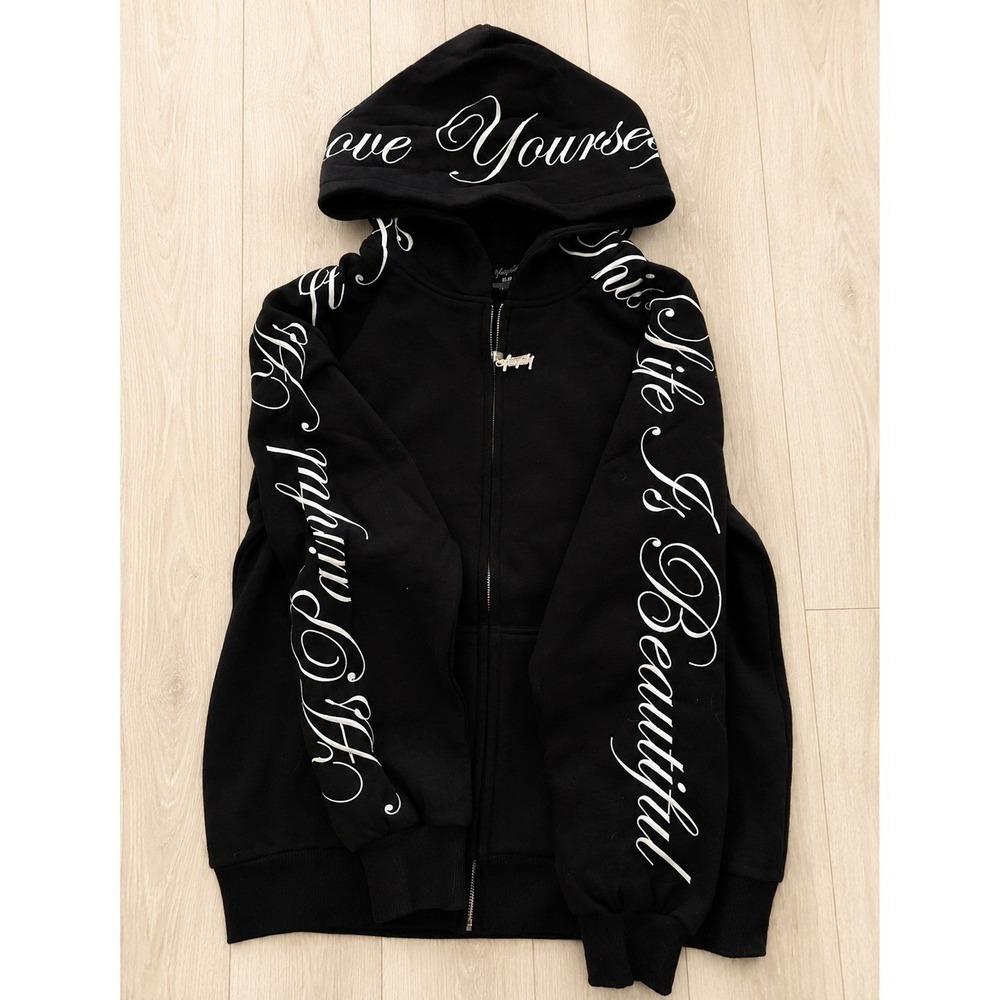 Phora Yours Truly Love Yourself Zip Up Hoodie Black Embroidered Script Large New